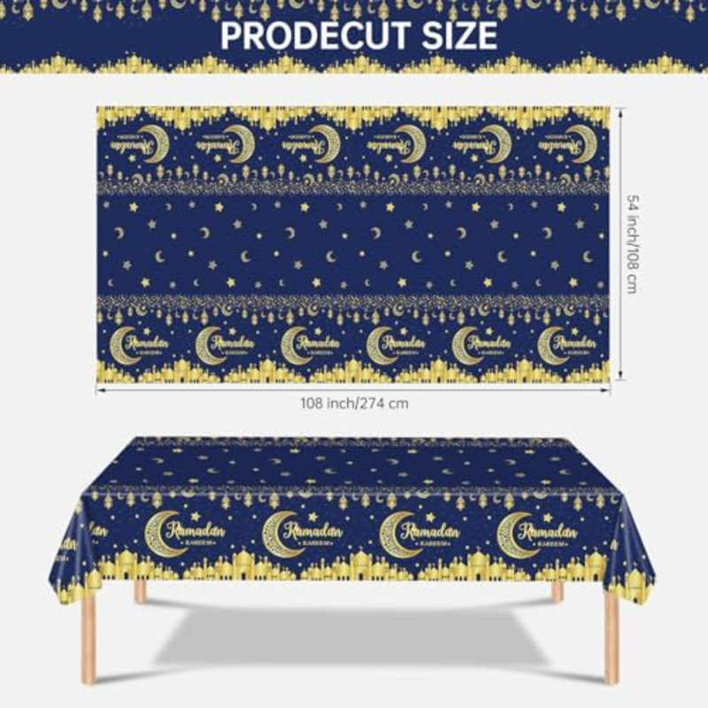 Paquet de 3 nappes Ramadan - bleu et doré Ramadan Kareem, nappe jetable rectangulaire en plastique Eid Moon Star pour Ramadans Mubarak