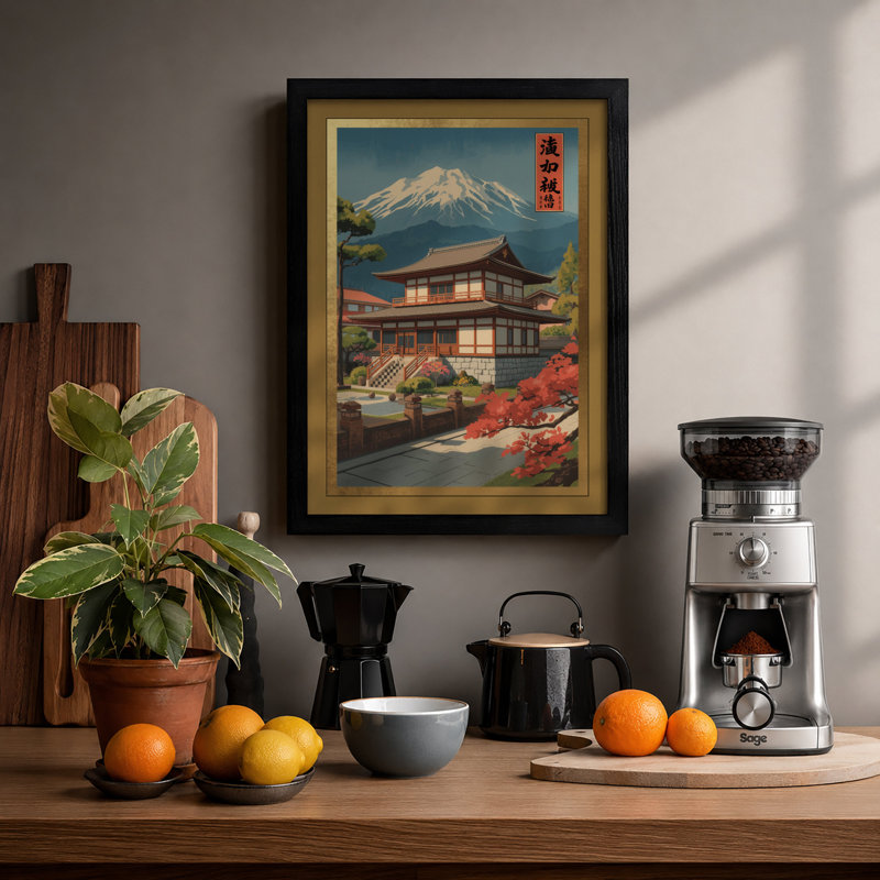 Temple Under Fuji Japandi - Framed Print, A2 - 59.4 x 42.0 cm, Black