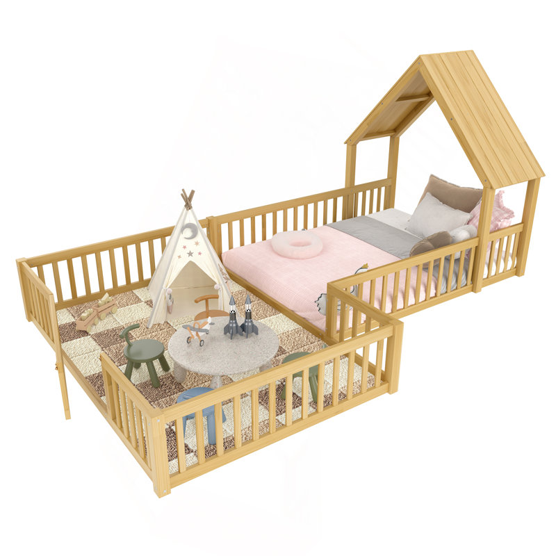Lit maison, lit double avec porte et garde-corps pleine longueur, conception multifonctionnelle, Lit double, Naturel
