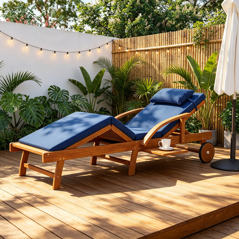 Chaise longue d'extérieur à dossier réglable, chaise longue de patio avec plateau latéral, roues et coussins, Marine