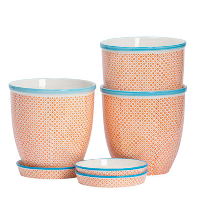 Nicola Spring - Hand-Printed Plant Pot with Saucer - 20.5cm - Orange