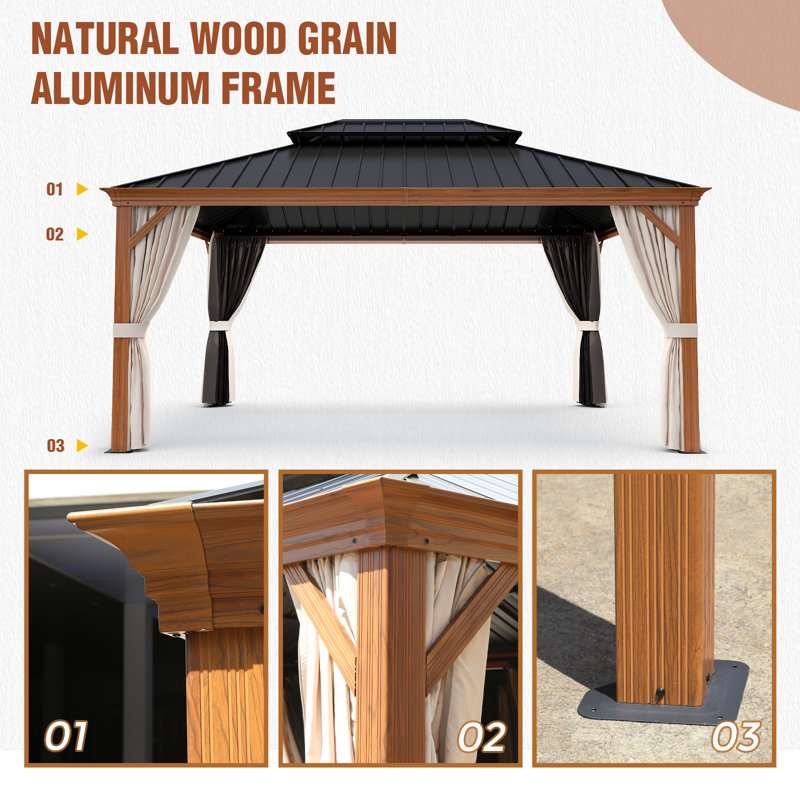 Aluminum Patio Gazebo, Wood Grain, 16 ft x 12 ft