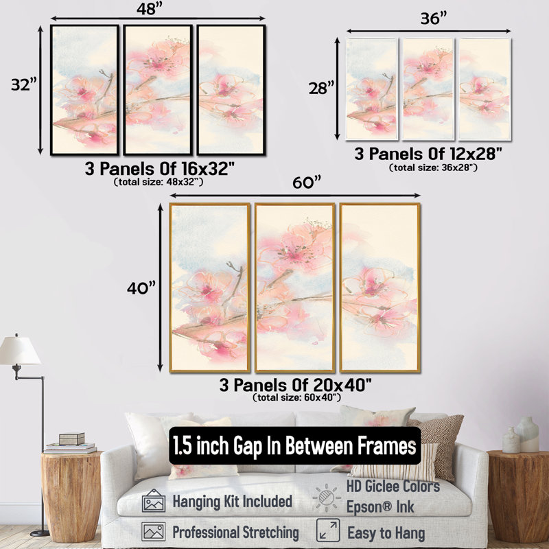 "Pink Blossoms Branch" - ensemble d'art mural encadré Shabby Elegance, par 3, H 40 po x l 60 po, Brun