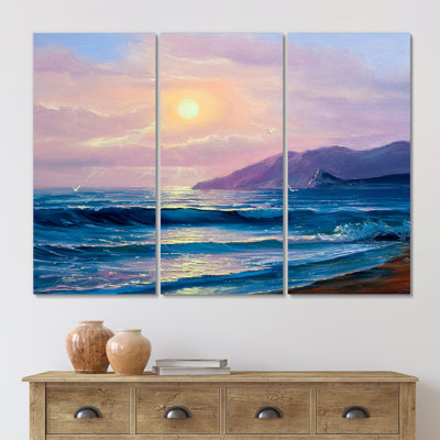Coucher de soleil au-dessus de l'océan bleu foncé - impression sur toile nautique et côtière