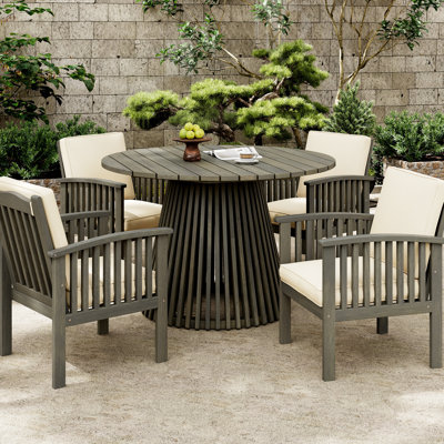 Extérieur de 4 fauteuils club en bois, finition grise, coussins crème-eau, confortable pour les fauteuils de patio en bois 4, conception peu encombrante, cour pour coussins