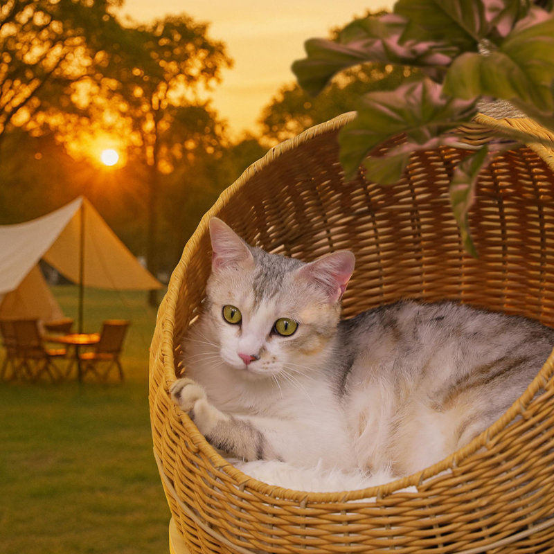 46-inch wicker cat dinosaur tower with scratching post, wicker cat bed, and removable cushion