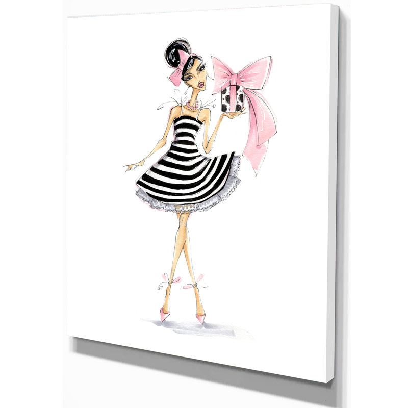 Reproduction d’art graphique sur toile tendue « girl tenant a gift », H 40 po x l 30 po x P 1,5 po