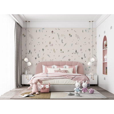 Papier peint enfant Animaux de la forêt et feuilles | Fresque murale scandinave neutre pour chambre d'enfant | Intissé ou autocollant