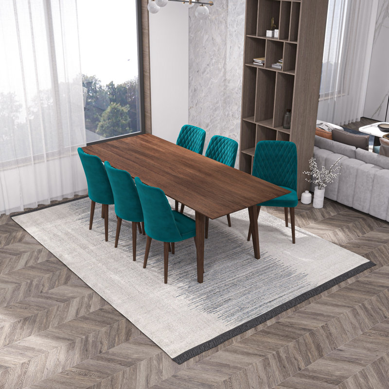 Ava 7-Piece Mid-Century Rectangular Dining Set W/ 6 Velvet Dining Chairs, Teal