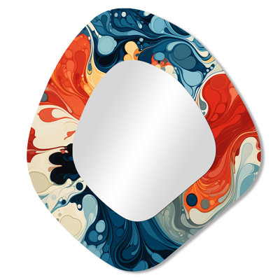 Jaxton Blue and orange Liquid ink river III - Liquid Ink Unique Shape Decorative Mirror, Blue Asymmetrical Wall Mirror, Printed Metal Art