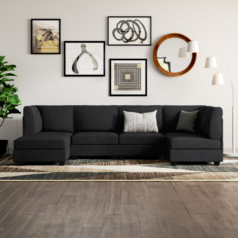 Canapé modulaire large avec repose-pieds, Mélange de polyester noir