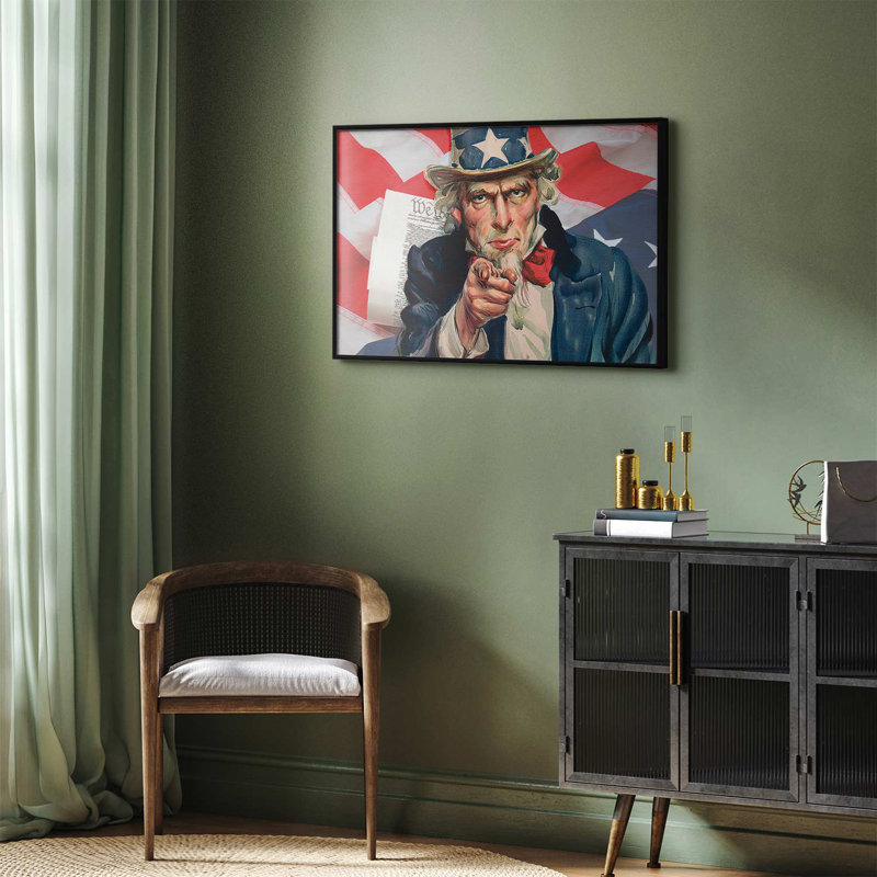 Framed Poster - Uncle Sam and flag, 11.69" H x 16.54" W, Black Single Picture Framed