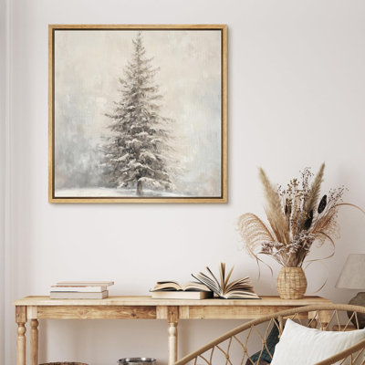 Snowy Winter Pine Tree Artwork, Modern Rustic Christmas Holiday Neutral Wall Pictures, Large Framed Canvas Giclee Print Wall Art