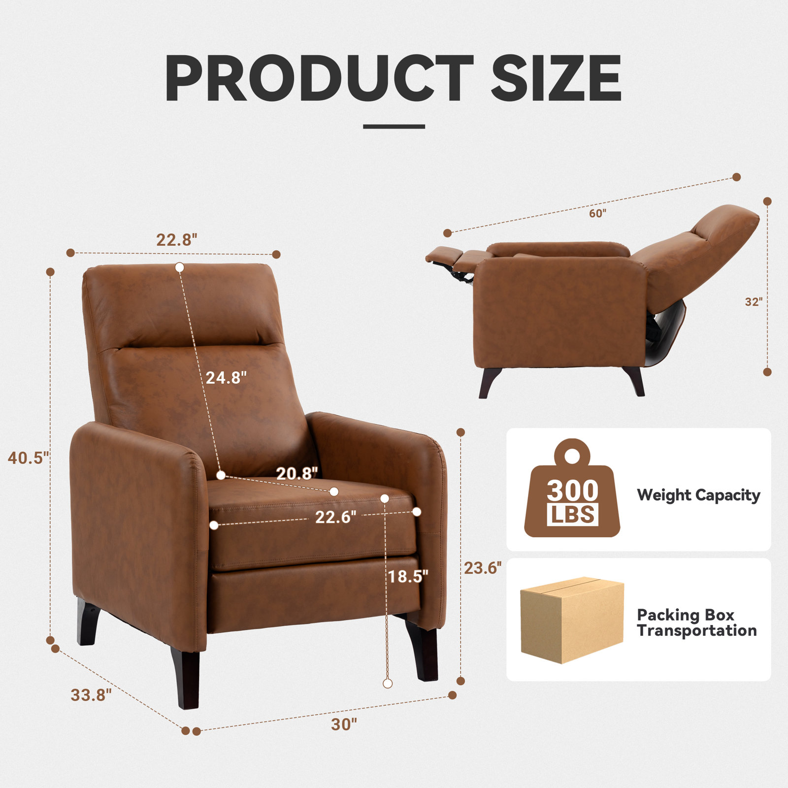 Sima 30" Genuine Leather Manual Recliner, Brown
