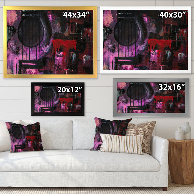 Mauve musique guitare III - décoration murale moderne en toile, Cadre photo argenté, H 34 po x l 44 po x P 1,5 po