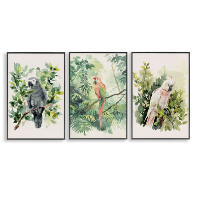 Perroquets tropicaux dans la jungle, ensemble de 3 giclées par LSR Design Studio
