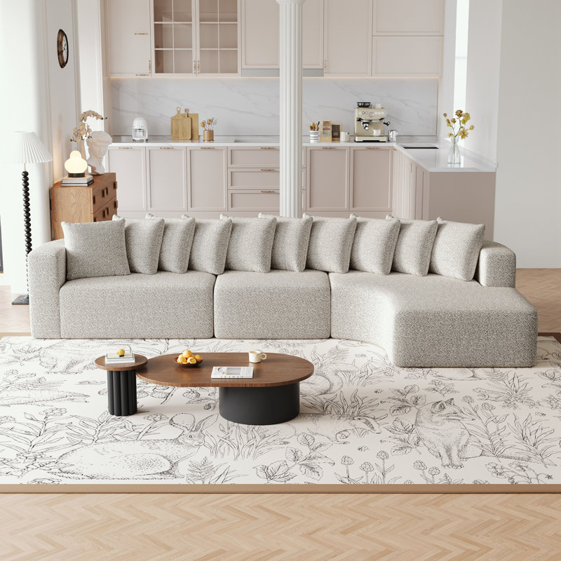 Ensemble de canapé modulaire en chenille avec 10 coussins et une méridienne droite, Chenille kaki clair, Right Hand Facing