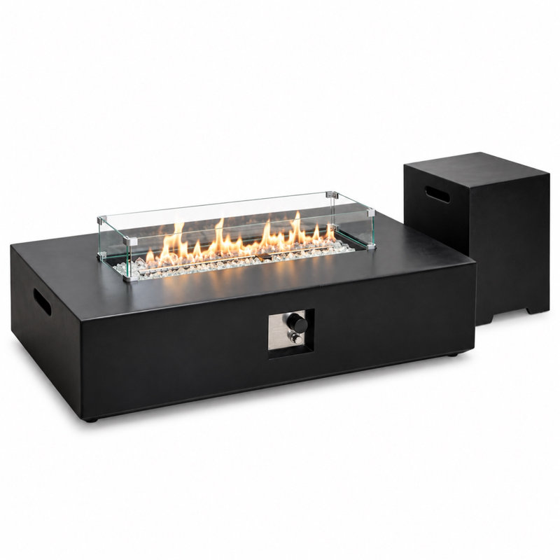 Ensemble table et foyer au propane rectangulaire 3 pièces de 56 po (142 cm) et 50 000 BTU, avec couvercle de réservoir, table d'appoint et pare-vent en verre.