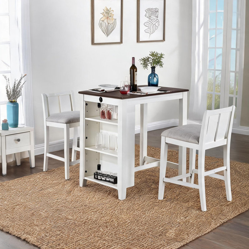 Ensemble de salle à manger à hauteur de comptoir en bois massif blanc avec tablettes et 2 chaises Crisp