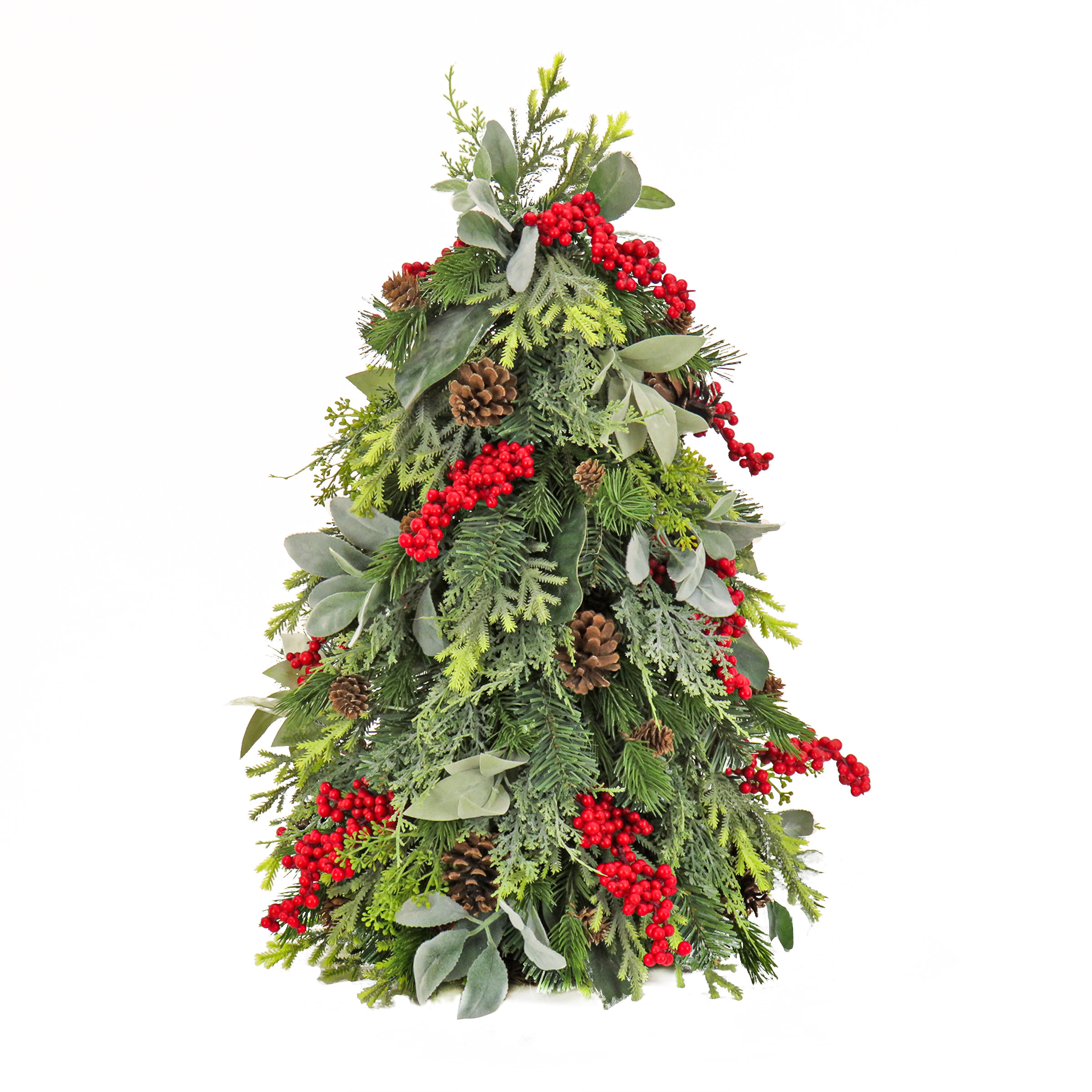 HGTV Home Collection Pre Lit Artificial Christmas Shrub Planter Filler,  Mixed Branch Tips, Decorated with Pinecones, Battery Powered, 26 Inches