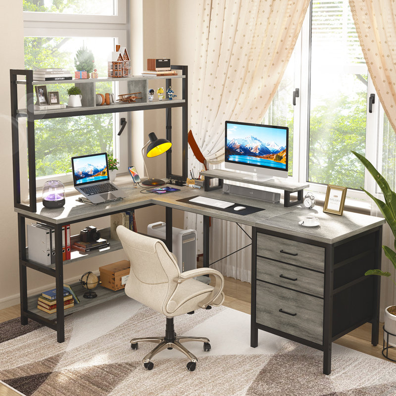 Shelburne 58.7'' W L-Shaped Computer Desk with Tall Hutch,Corner Desk, White Oak