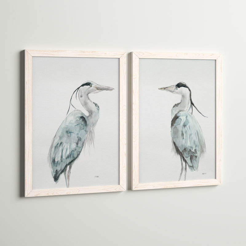 Blue Heron I - ensemble de 2 reproductions d'art sur toile encadrées, Cadre blanc, H 31,5 po x l 47 po x P 1,5 po