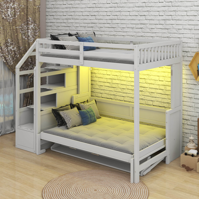Lit double mezzanine double avec escalier de rangement et lumière DEL