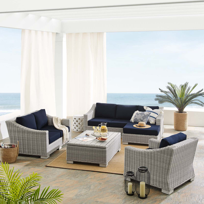 Ensemble de mobilier d'extérieur en rotin 5 pièces Conway Sunbrella, Sunbrella® bleu marine
