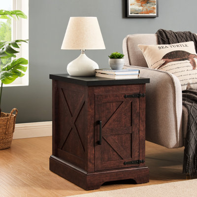 Oak Sideboard, Rustic With Adjustable Shelf And Barn Door Style Rectangular End Table, Top Storage