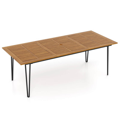 Table de salle à manger d'extérieur avec plateau en bois d'acacia et pieds de parasol en métal