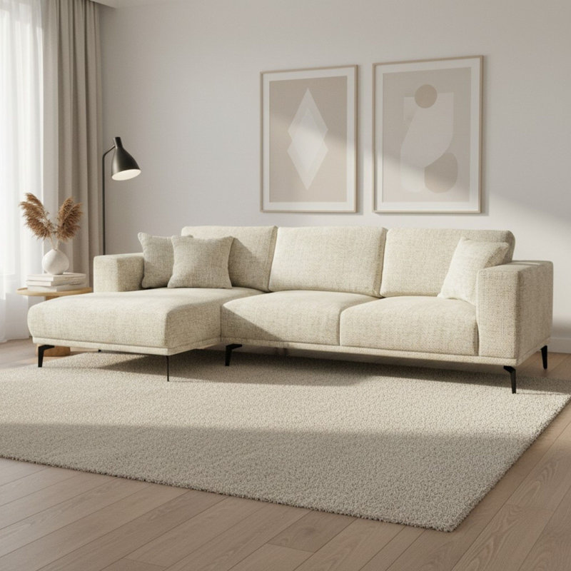 Riviera 4 Seater Corner Sofa, Fabric, 286cm Modern L-Shaped with Metal Legs, Left Hand Facing, Cream