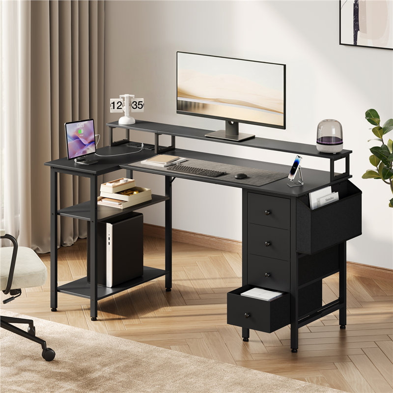 L-Shaped Computer Desk with Built-In Electrical Outlet, 140cm L x 68cm W x 87cm H, Black