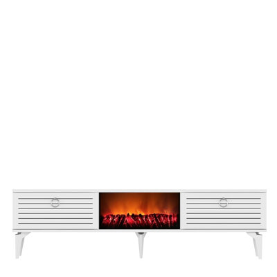 Modern White TV Stand with Electric Fireplace, 59.1 x 17.6 x 11.6 inches | 100% Melamine Coated Particle Board, 0.7 inches Thick | LED Light & Grinded Glass Front, Stylish & Functional Design for Living Room & Entertainment Spaces