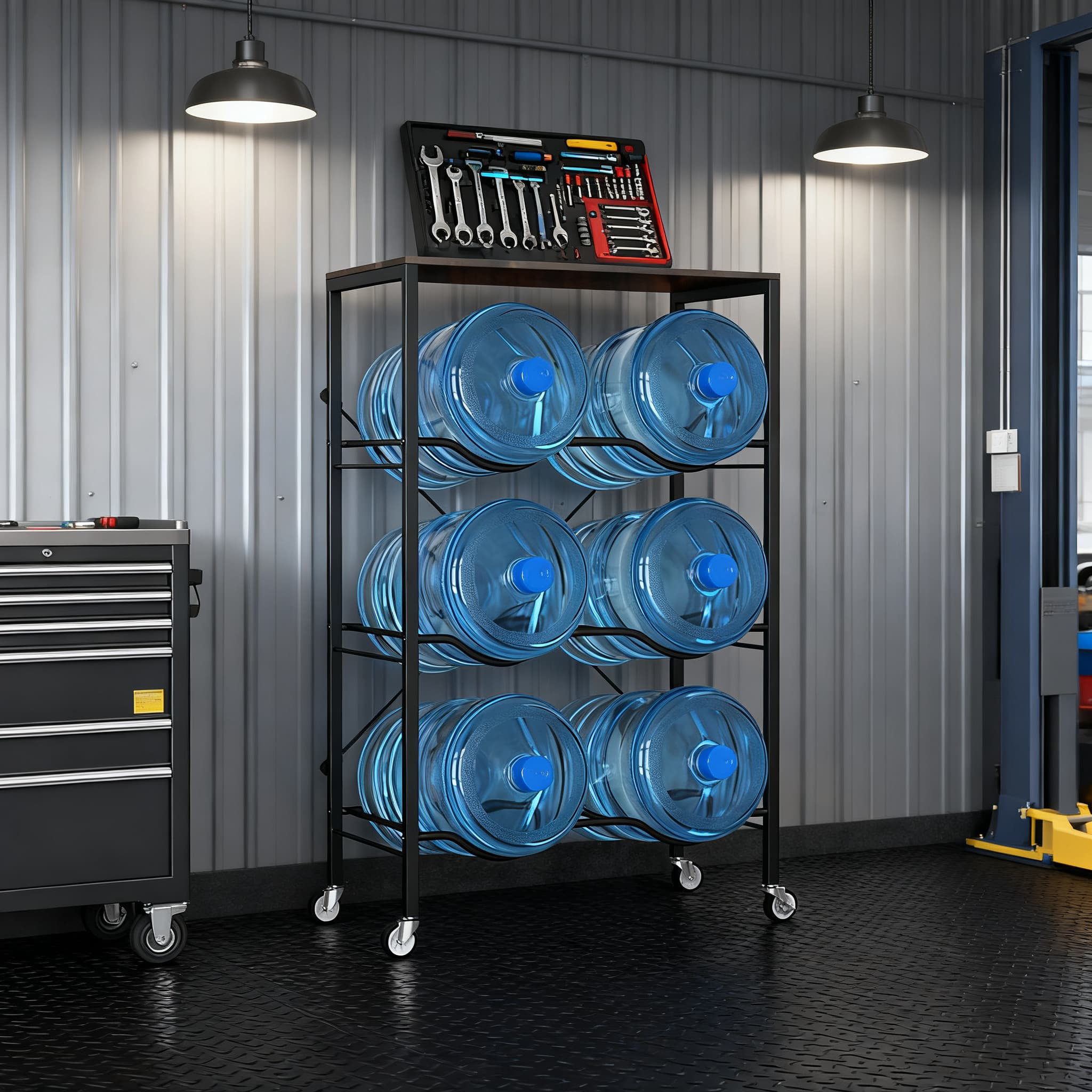 Rebrilliant 3-Tier Water Jug Storage Rack With Top Shelf And 4 Wheels ...