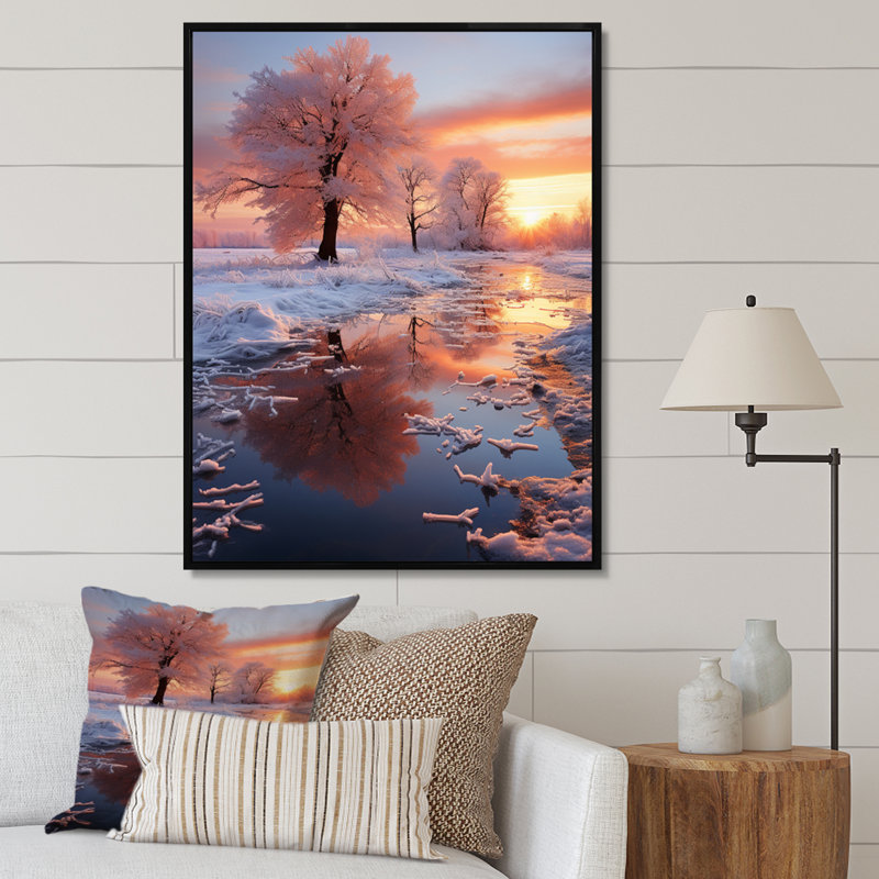 «White Fushia Winter Sunrise I», reproduction d'art sur toile, Cadre flottant noir, H 32 po x l 16 po x P 1 po