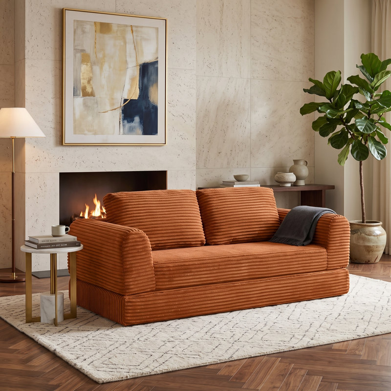 Canapé-lit modulaire convertible 2-en-1 en velours côtelé avec 2 coussins, 3 Seater, Orange