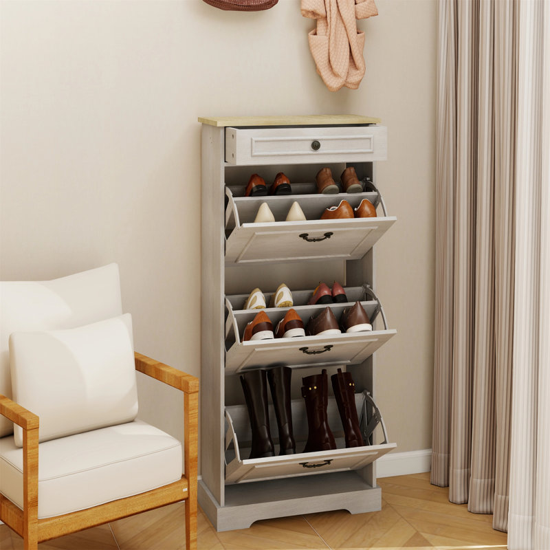 48.22 In. H X 20.86 In. W Antique White Shoe Cabinet With 1 Drawer And 3 Flip Drawers