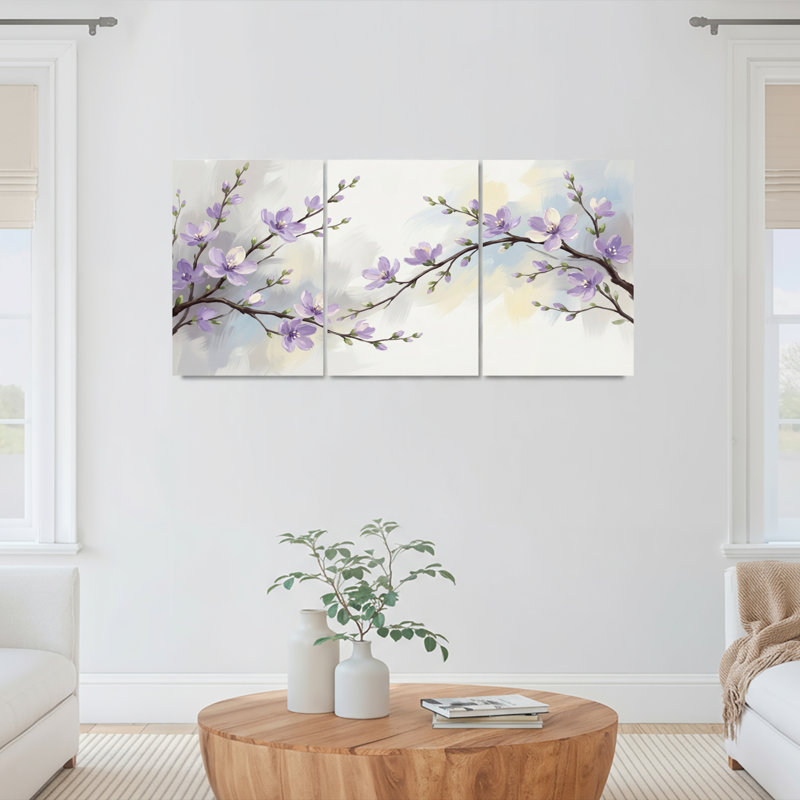Ensemble de 3 tableaux muraux sur toile à motifs floraux de fleurs de cerisier violettes, pour la décoration du salon et de la chambre.
