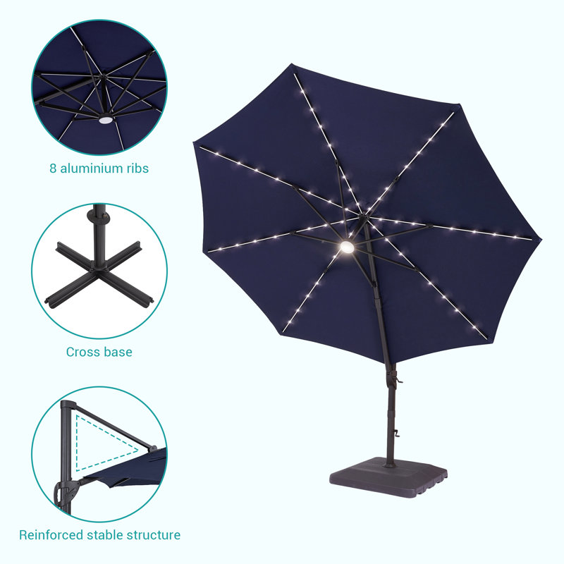 Navy Blue 11ft Cantilever Umbrella with LED Lights and Base