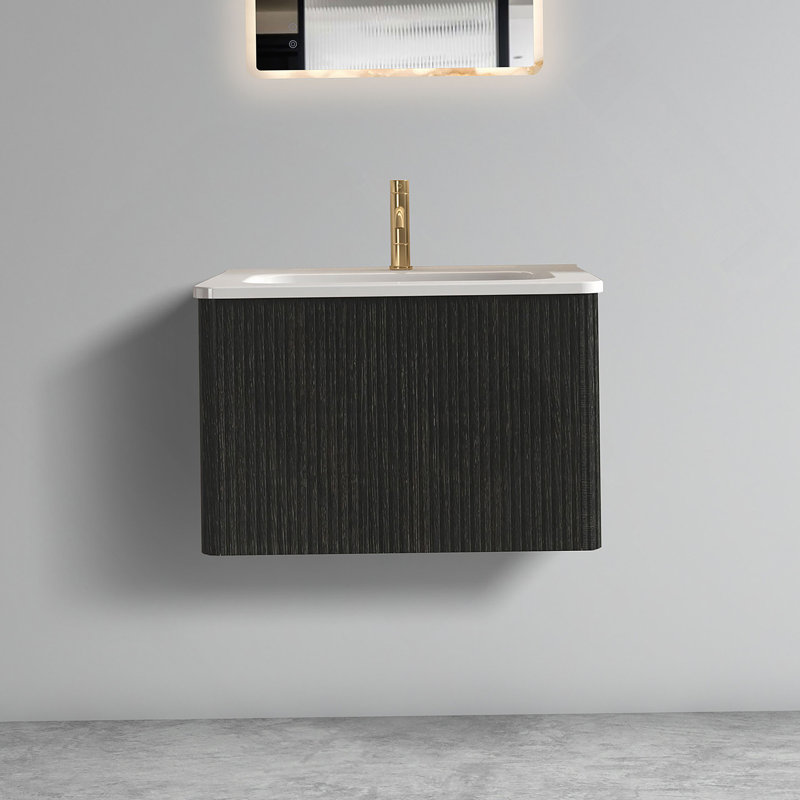 Meuble-lavabo flottant 24 po en chêne brossé rayé avec lavabo en céramique blanc, meuble-lavabo une pièce sans évier, pré-assemblé