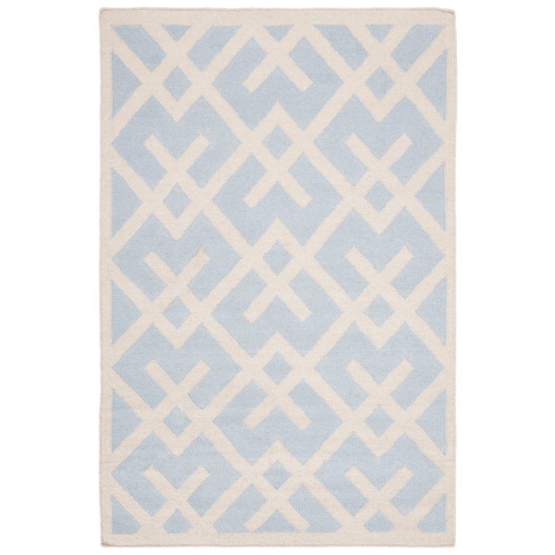 Fung Hand Woven Flat Weave Wool/Cotton Geometric Rug in Light Blue/Ivory, Rectangle 4' x 6'