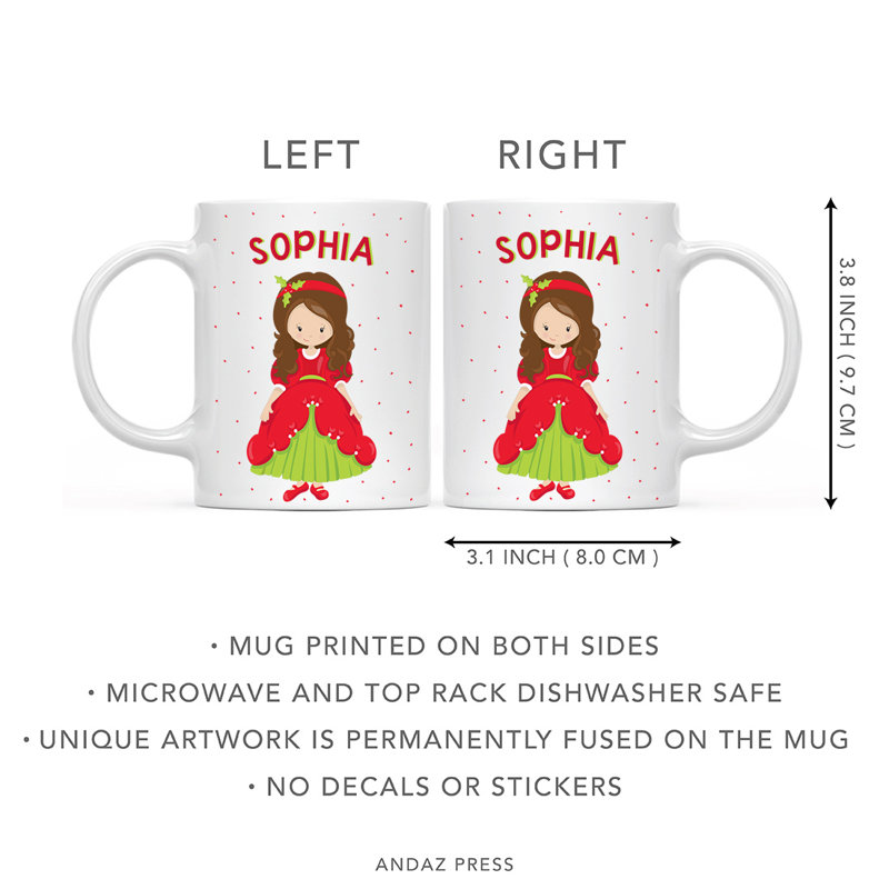 Tasse personnalisée en chocolat pour enfants au lait, princesse aux cheveux bruns de Noël avec ruban houx rouge, paquet de 1