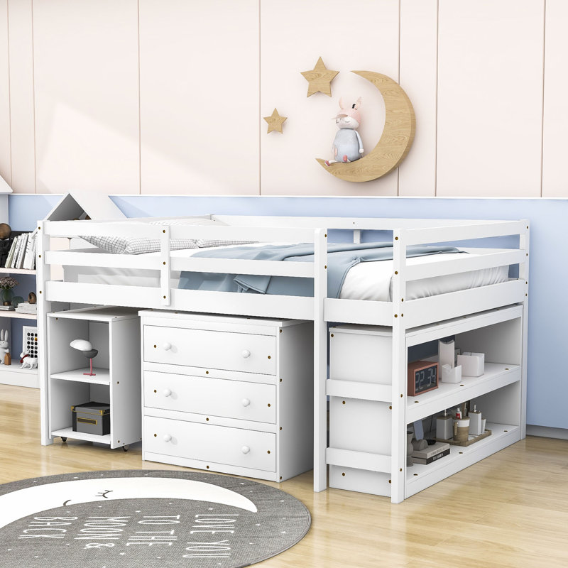 Englas Kids Full Loft Bed with Drawers, White