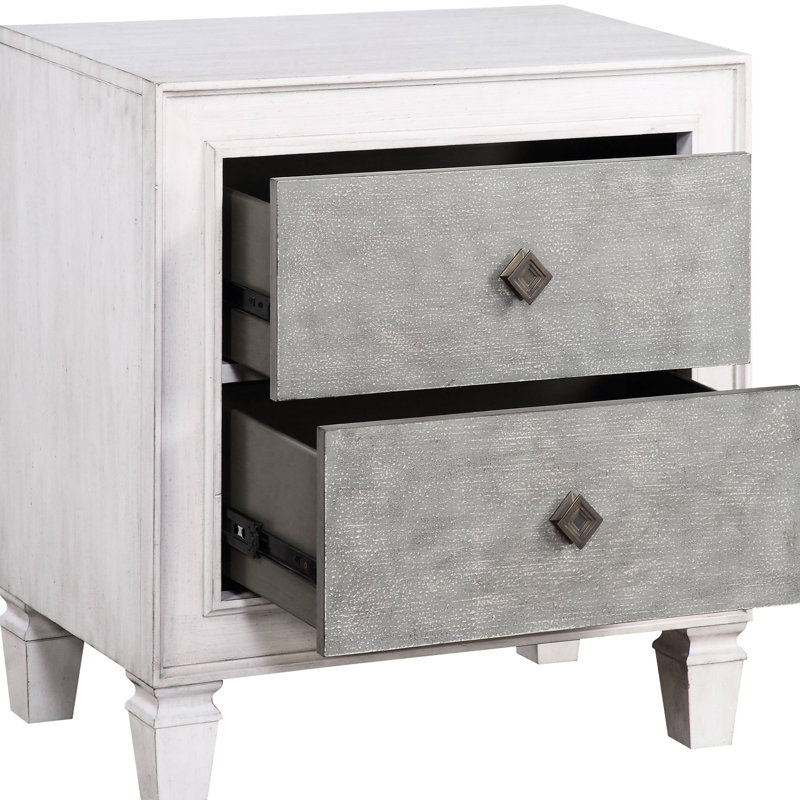Table de chevet rustique pour chambre à coucher en gris et blanc - 2 tiroirs, tablette de tiroir en feutre protégé, 2 tiroirs modernes à fermeture contrôlée, doublé de feutre pour les articles délicats