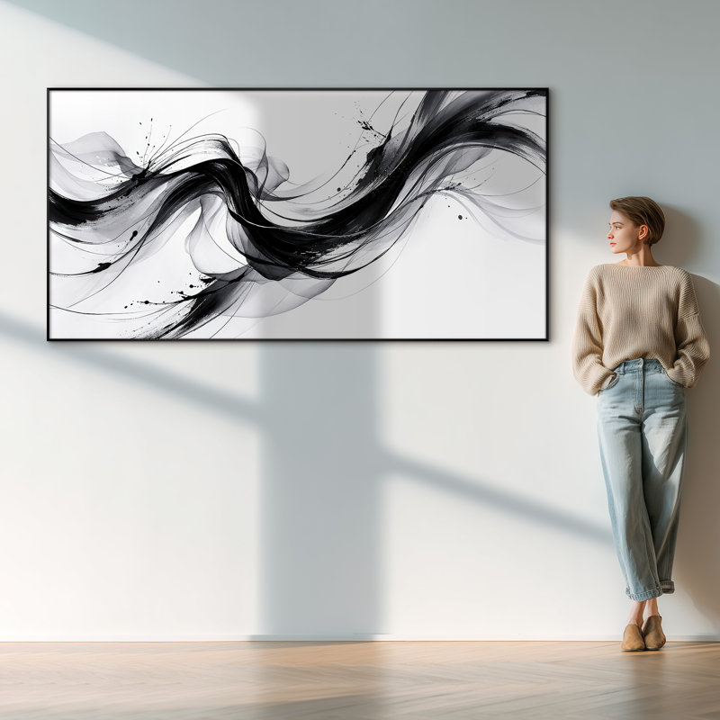 Extra Large Wall Art Fabric Print - Black & White Abstract Ink Wave Modern Living Room Decor - "Frame Assembly Required (Unfinished Frame)"