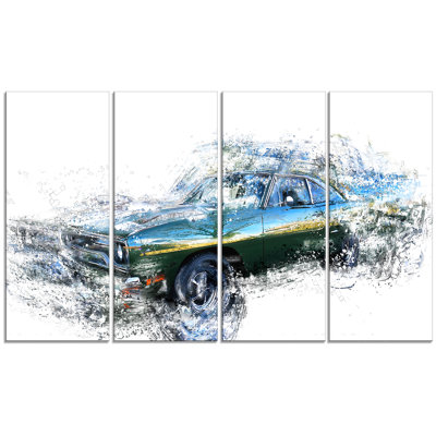 Ensemble de 4 impressions sur toile tendue, "bleu et vert-voiture de muscles"
