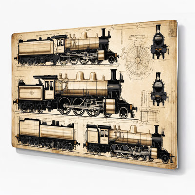 Dessins techniques de locomotive de transport, art mural en métal beige