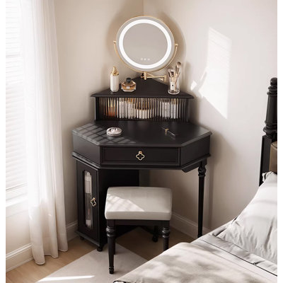Table de coiffeuse d'angle en bois d'hévéa French Vintage avec miroir à DEL à intensité variable et armoire de rangement
