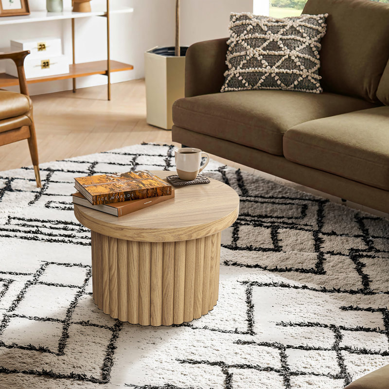 Crystopher Modern Organic Round Coffee Table with Fluted Drum Base, Natural Oak Finish Wood Accent Table, Natural Wood