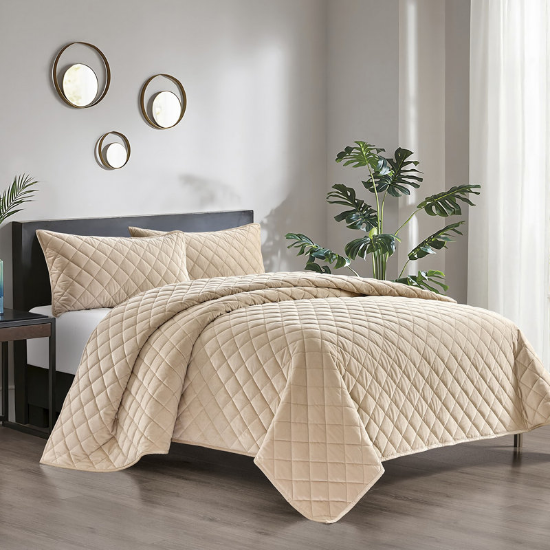 Pointehaven Taupe Velvet Oversized Diamond Quilt Set, King/California King, Taupe, King Quilt + 2 King Shams
